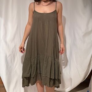 Free People Olive Green Spaghetti Strap Tiered Midi Dress